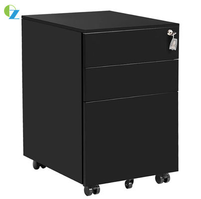 OEM Black Three Drawer File Cabinet With Lock Cold Steel Mobile Office Filing Cabinet